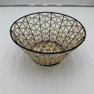 Vintage 90s Beaded Wire Basket Bowl Green Beads BOHO decor